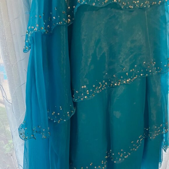 TIFFANY DESIGNS by CHRISTINA WU STUNNING HALTER BEADED TURQUOISE GOWN DRESS - Picture 4 of 11